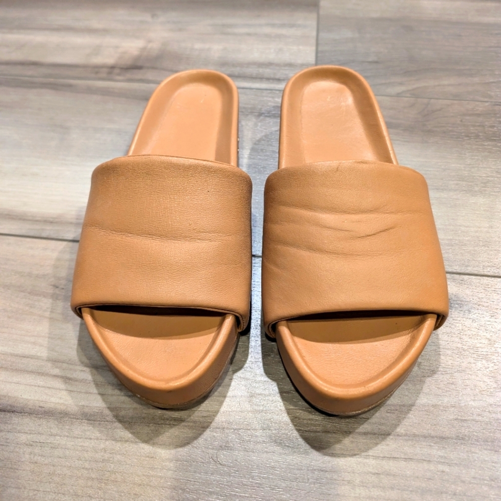 Beek Pelican Honey Tan Brown Platform Leather Memory Foam Sandal 7